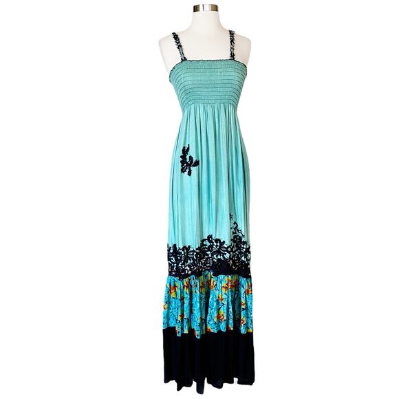 Resort Dress by T. ZOVICH Maxi Dress Mixed Media Green Floral V-Neck Spaguetti L - Picture 6 of 11